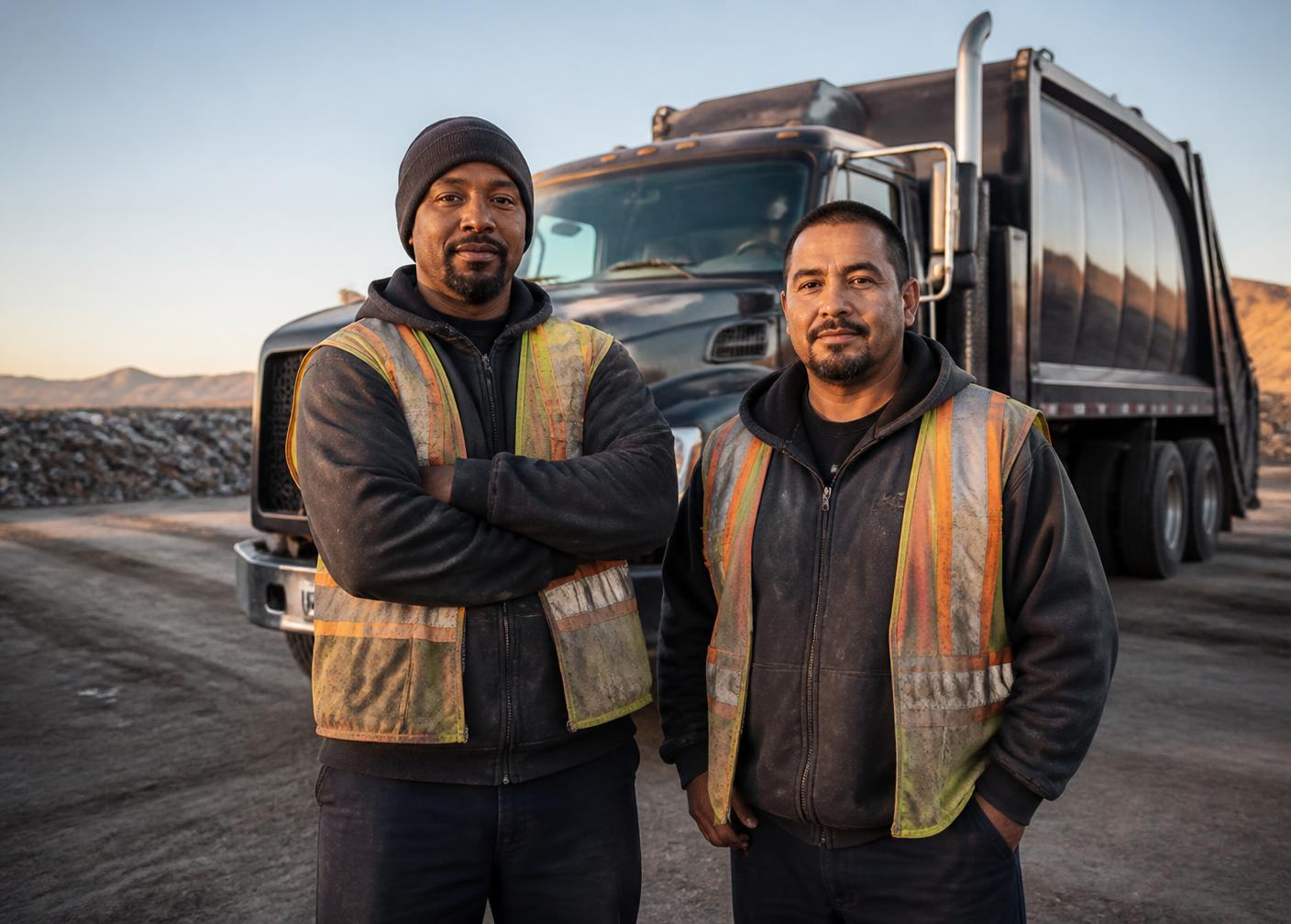 Two Western Waste Haulers crew members in safety vests in front of a collection truck