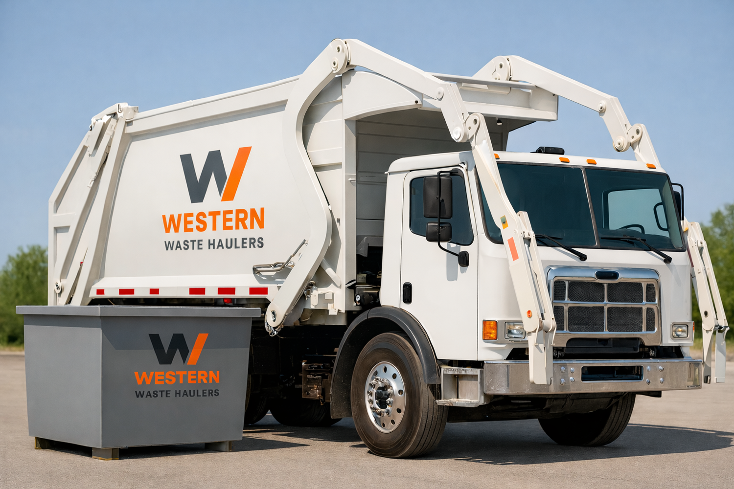 Western Waste Haulers front-load truck beside a branded commercial dumpster