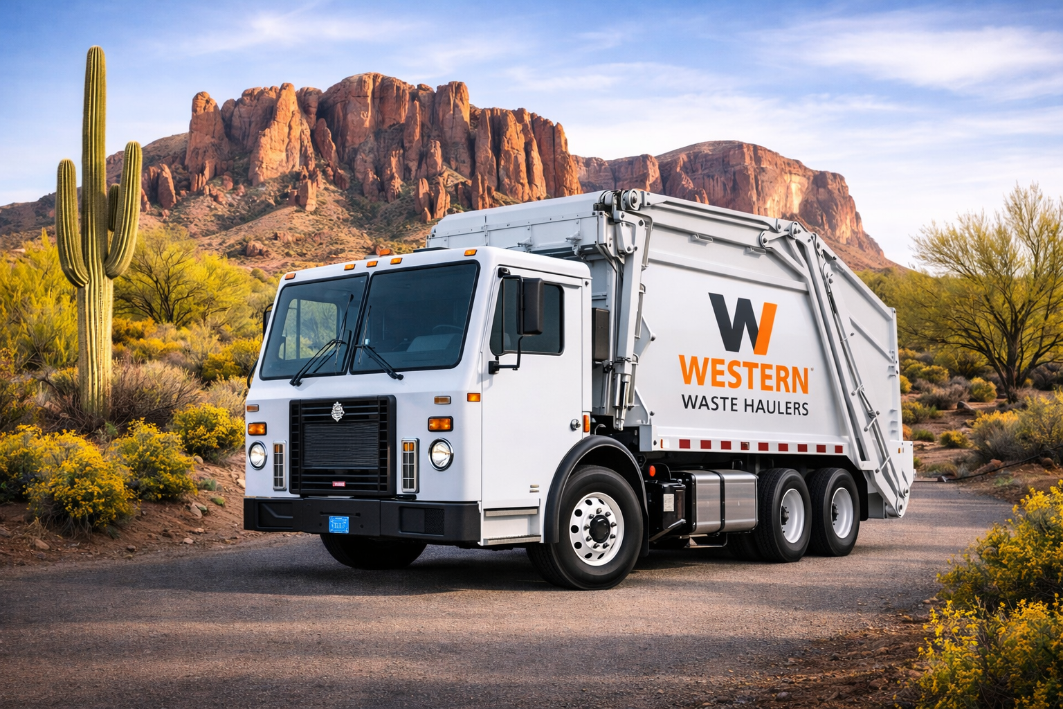 Western Waste Haulers branded front-load collection truck on a desert road near Tucson